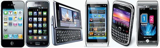 Os aparelhos iPhone 4, Samsung Galaxy S, Motorola Milestone 2, Nokia N8, Blackberry Curve 3G e LG dual chip GX 500