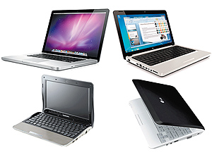 Em sentido horário: Apple MacBook Pro, HP G42, LG X140 e Samsung NF210