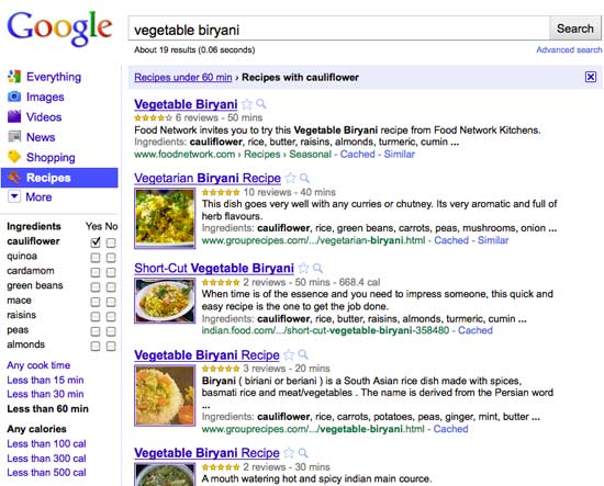 Interface do Recipe View, que facilita busca no Google por receitas e est disponvel somente nos EUA e Japo