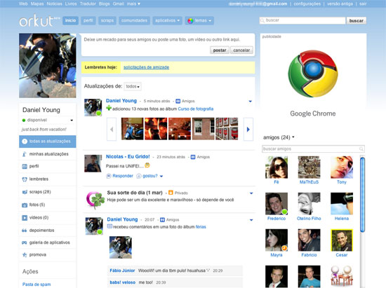 Novo visual do Orkut, que ser liberado aos poucos ao longo das prximas duas semanas, segundo o Google