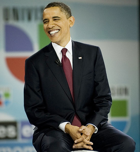 Barack Obama durante entrevista em que revelou ter um iPad e brincou de pedir computador emprestado