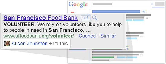 Exemplo de resultado com "+1", novo botão nas buscas do Google, semelhante ao "Curtir" do Facebook