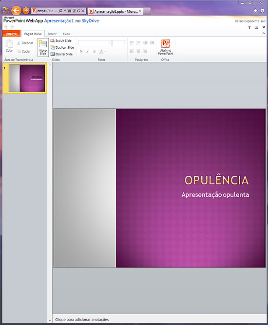 Tela do PowerPoint, que faz parte do Office Web Apps, pacote on-line de escritório da Microsoft