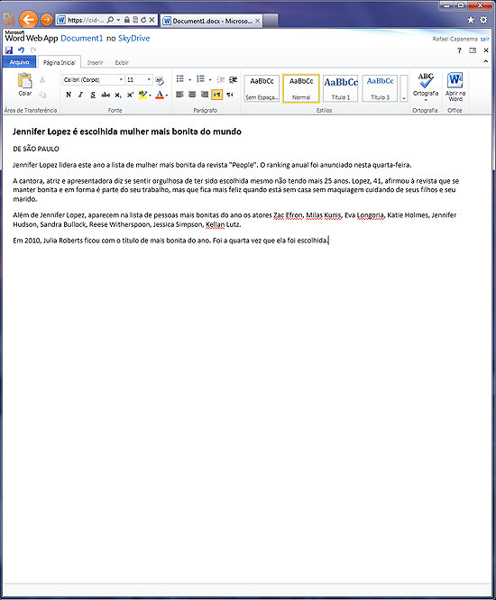 Tela do Word, que faz parte do Office Web Apps, pacote on-line de escritrio da Microsoft