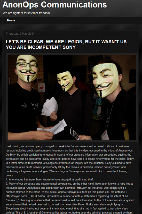 Captura de tela de blog atribuído ao grupo Anonymous (anonops.blogspot.com)