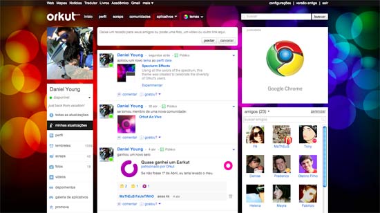 Tela do novo Orkut, redesenhado e com novo papel de parede