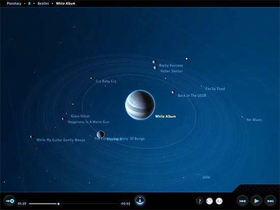 Planeta "Álbum Branco", dos Beatles, com as músicas em formato de luas, no aplicativo gratuito Planetary, para iPad