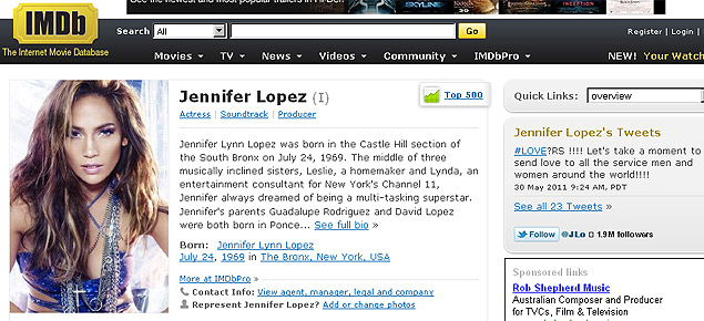 Novo botão do Twitter em página do IMDB de Jenifer Lopez