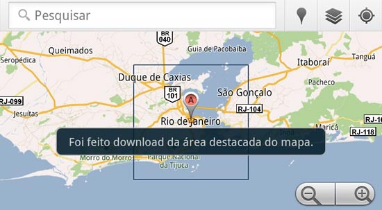 Tela do Google Maps para Android, que também permite salvar mapas para navegação off-line