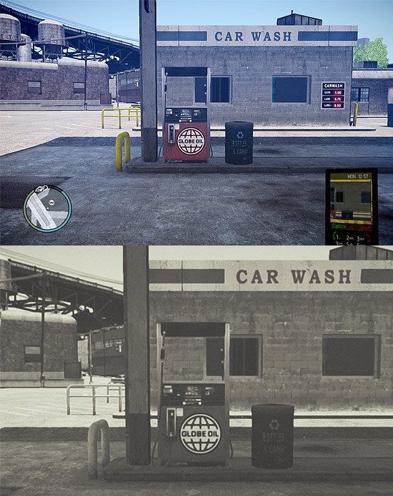 No topo, tela do jogo GTA IV; acima, imagem tratada pelo brasileiro Leonardo Sang 