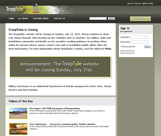 Captura de tela do site TroopTube, que ser fechado
