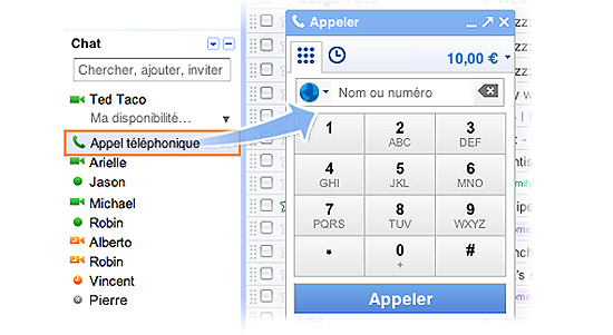 Captura de tela do serviço de chamadas telefônicas do Gmail em francês