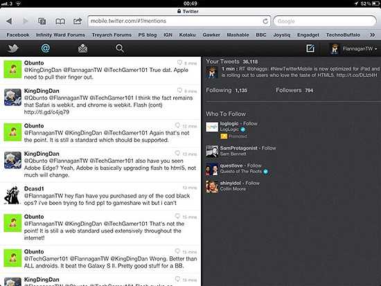 Verso do site do Twitter em HTML5, especialmente desenvolvida para o tablet iPad, da Apple