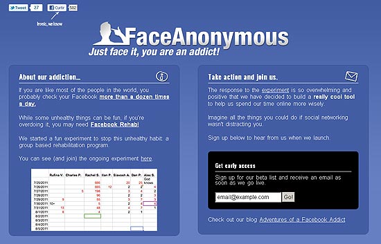 Página do FaceAnonymous, que promete diminuir o vício dos usuários do Facebook