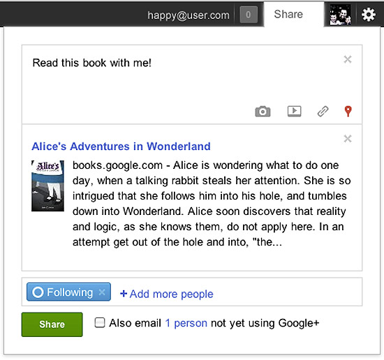 Trecho do livro "Alice no Pas das Maravilhas" sendo compartilhado no Google+