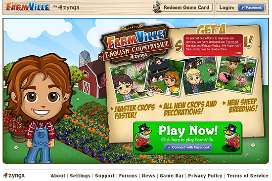 Pgina inicial do site do jogo Farmville, da Zynga