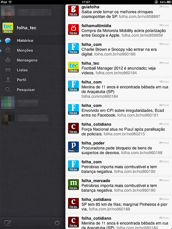 Tela do Twitter para iPad, que ganhou versão em português nesta terça-feira (16)
