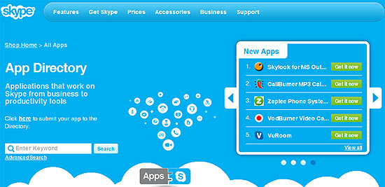Pgina de aplicativos para Skype