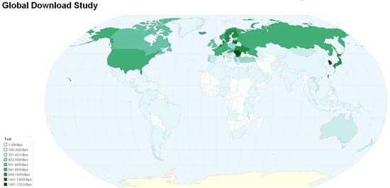 Mapa da velocidade da internet no mundo divulgado pela Pando; quanto mais clara a cor, mais lenta a conexão