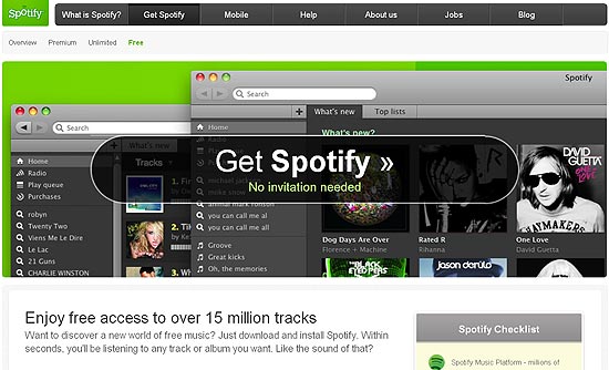 "Não é necessário convite", diz a página inicial do Spotify