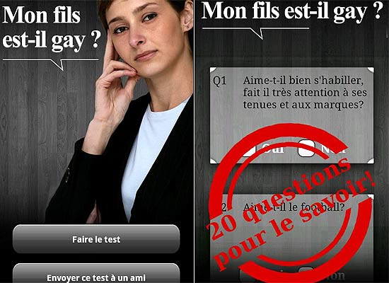 Telas do aplicativo Mon Fils Est-Il Gay? (meu filho é gay?), para aparelhos com Android
