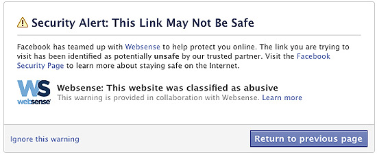 Mensagem de alerta de link suspeito no Facebook; o recurso  fruto de uma parceria com a empresa Websense