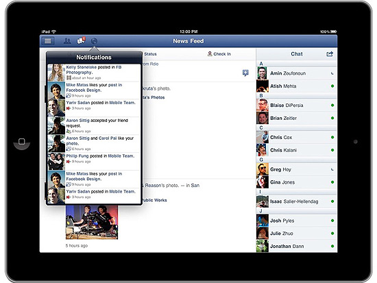 Tela do aplicativo do Facebook para iPad