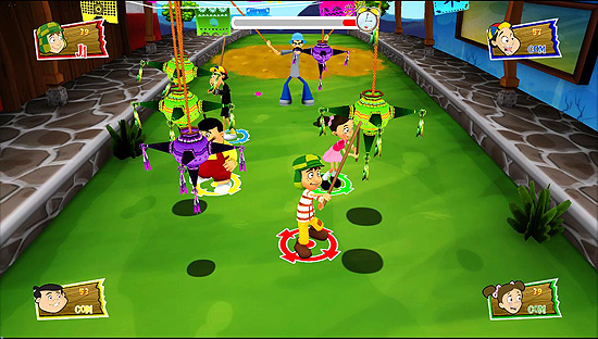 Cena de game baseado em "Chaves" mostra Quico, Pópis, Seu Madruga e Nhonho, além do protagonista