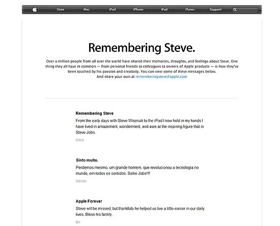 Página em homenagem a Steve Jobs, no site da Apple