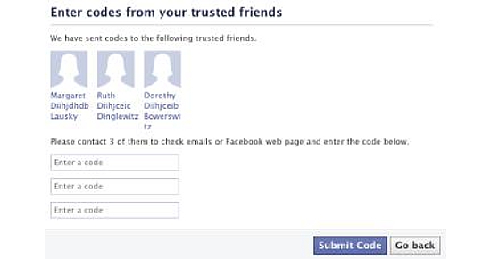Tela para envio de códigos a amigos de confiança no Facebook
