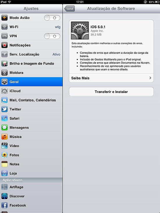 Informe de atualização do iOS 5.0.1 no iPad; nova versão do sistema traz correções para duração de bateria