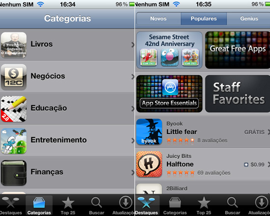 App Store em um iPhone, da Apple, agora exibe tópicos traduzidos para português
