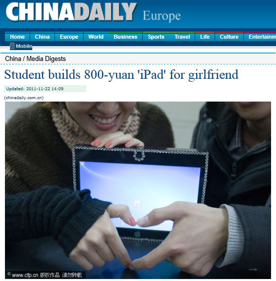 Casal de chineses mostra o "iPad caseiro"