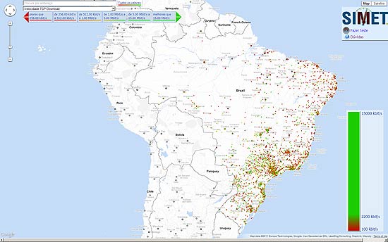 Mapa de qualidade/velocidade da internet no Brasil baseado nos testes do Simet identificados com CEP