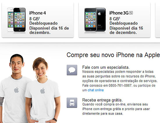 Pgina da Apple Store no Brasil mostra anncio de iPhone 4 e iPhone 3GS desbloqueados