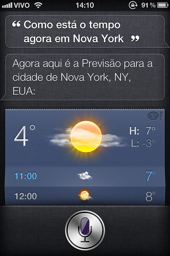 Tela do Siri, assistente pessoal do iPhone 4S, traduzido para o português