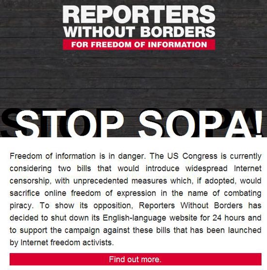 Tela principal do site da organização Repórteres Sem Fronteiras, que mostra protesto contra a lei Sopa nesta quarta-feira