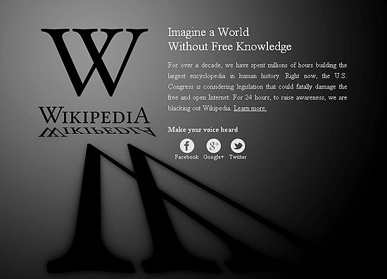 Página da Wikipédia, que saiu do ar em protesto contra lei antipirataria americana