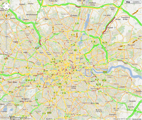 Imagem de reprodução mostra Londres com as novas informações de tráfego geradas pelo Google Maps