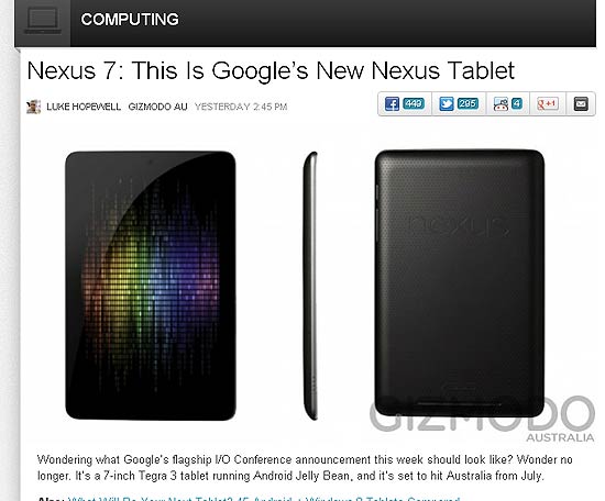Supostas imagens do Google Nexus 7 divulgadas pelo "Gizmodo"; lançamento deve ocorrer nesta quarta (27)