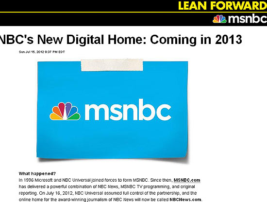 NBC News anuncia a criao de um novo portal para o canal MSNBC, fruto da antiga parceria com a Microsoft