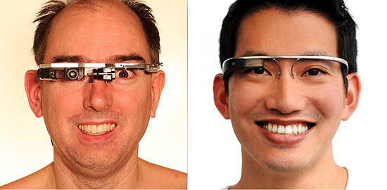 O professor Steve Mann (esq.) e seu EyeTap, inventando por ele em 1999 e semelhante ao Google Glass (dir.)
