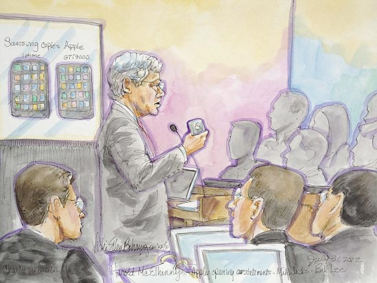 Ilustrao mostra o advogado da Apple Harold McElhinny falando durante a abertura das audies do processo