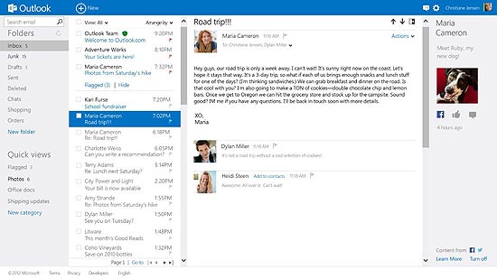 Caixa de entrada do Outlook.com, novo e-mail da Microsoft 
