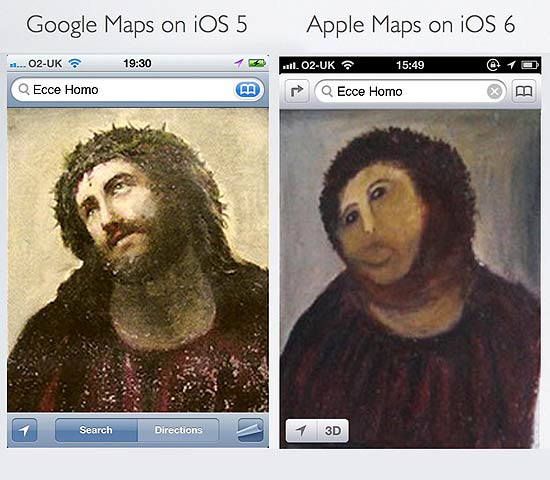 Imagem compara o novo app de mapas da Apple com a tentativa desastrosa de restaurao da obra "Ecce Homo"