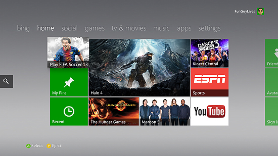 Novo visual da Xbox Live, que tem agora um espao para o usurio 'pinar' contedos
