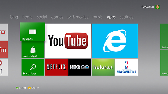 Novo visual da Xbox Live, que agora conta com uma verso do Internet Explorer