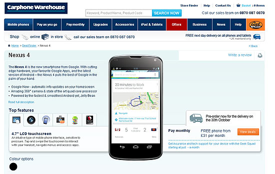 Site de varejo on-line britnico Carphone Warehouse vaza dados sobre o celular Nexus 4, do Google e da LG