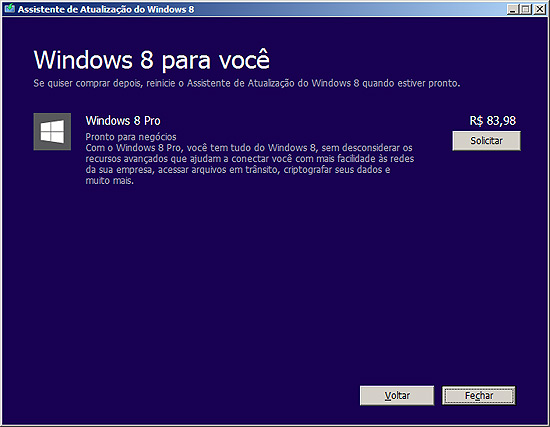 Assistente de atualização do Windows 8 mostra cobrança de R$ 83,98; valor deveria ser de R$ 69