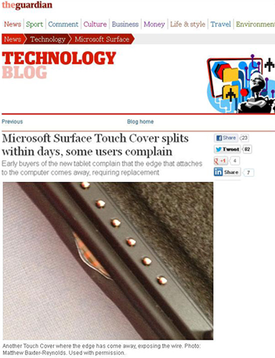 Touch Cover com descolamento do tecido que o reveste é visto em foto do jornal britânico "Guardian"